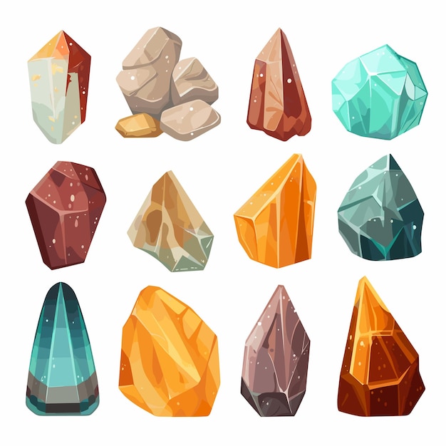 Vettore set di pietre vettoriali di cartoni animati rocce e minerali