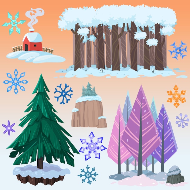 set of cartoon vector winter objects.