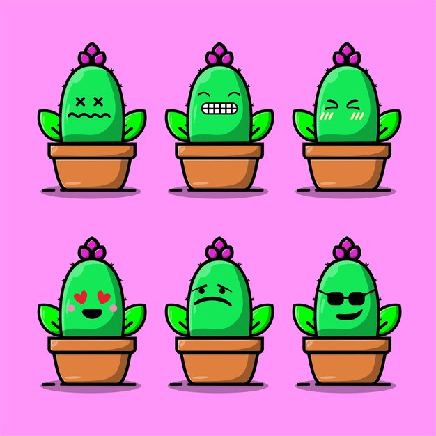 Set cartoon vectorillustraties van groene cactus met emoties