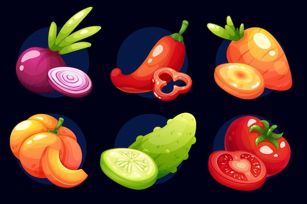 Vector set of cartoon vegetables with slices pumpkin cucumber tomato red onion pepper carrot