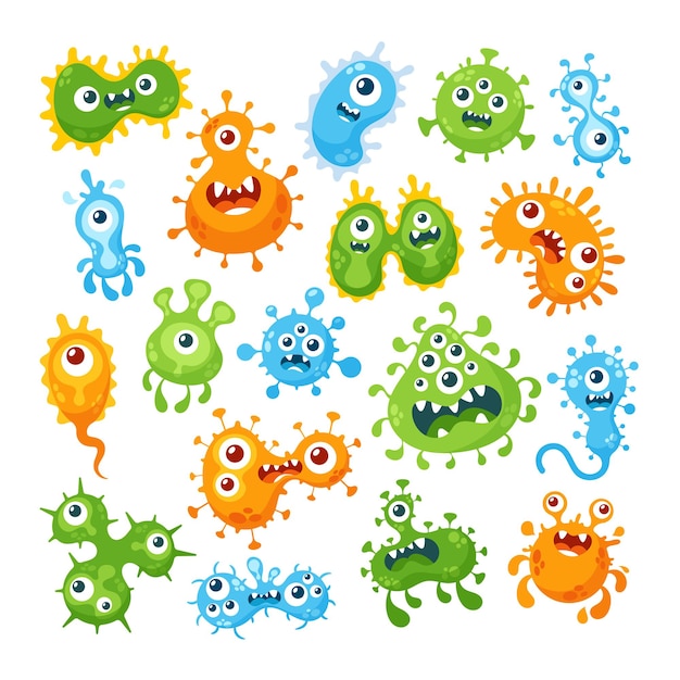 Set di personaggi dei virus dei cartoni animati batteri e germi con facce buffe mostri microbi patogeni sorridenti con occhi grandi