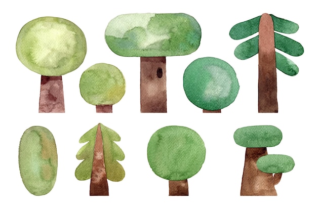 Vector set of cartoon watercolor trees kids style trees