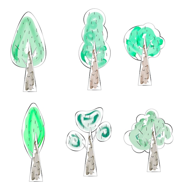 Set of cartoon watercolor trees