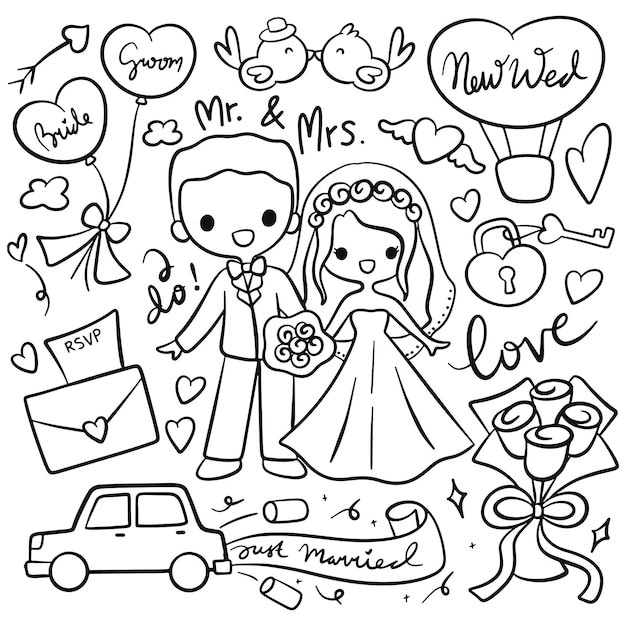 漫画の結婚式の日の落書きのセット