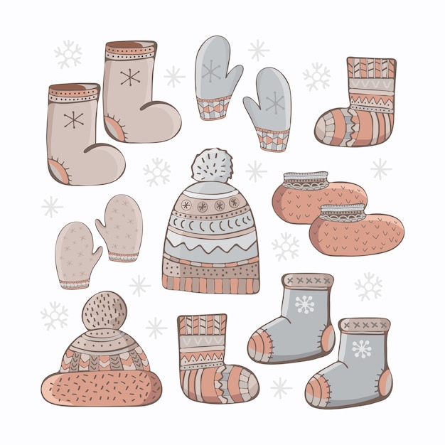 Set of cartoon  winter accessories. Hand drawing seasonal clothing.