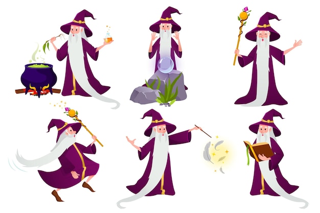 Set cartoon wizard character