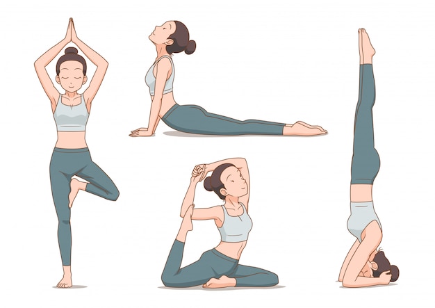 Vettore insieme della donna del fumetto nelle pose di yoga.