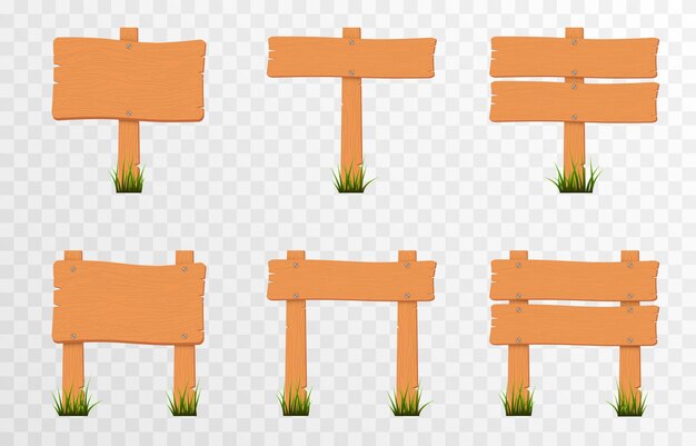 Set of cartoon wooden pointers signs on green grass wooden pointers plaques