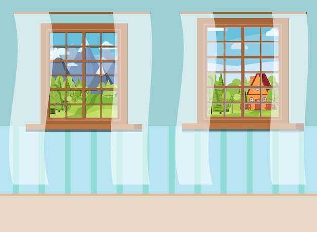 Set of cartoon wooden window view with white curtains in flat style