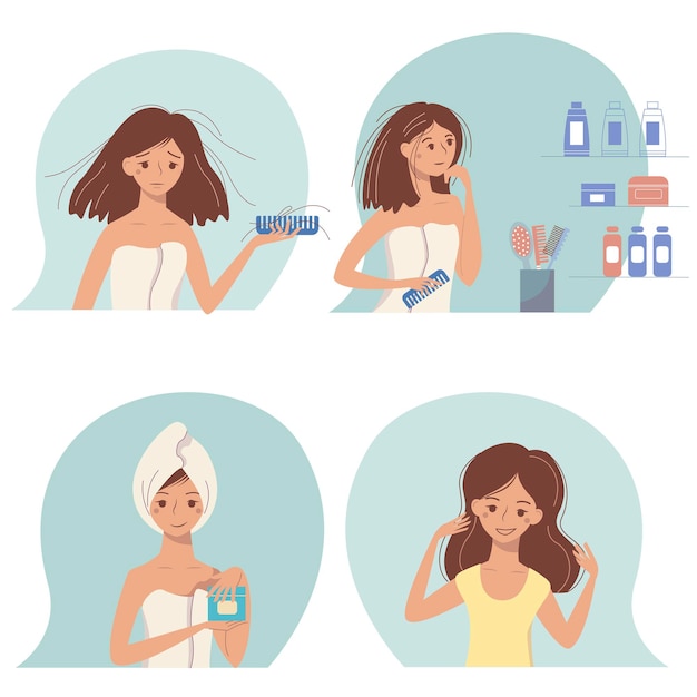 Set of cartoon young woman with a hair problems and care with cosmetics.