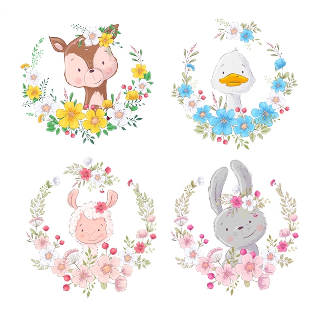 Set cartoons cute animals deer duck lama hare in flower wreaths