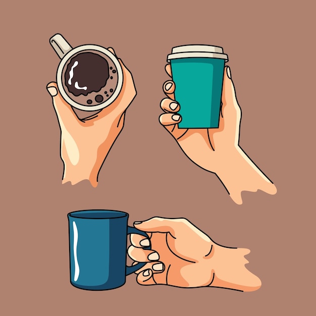 A set of cartoonstyle illustrations depicting hands holding a coffee mug