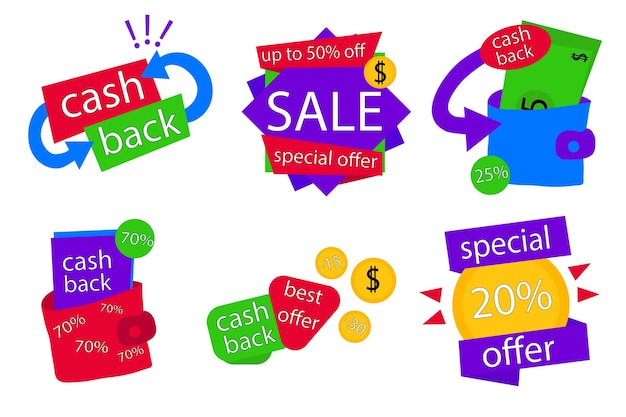 Set of cashback label collection money refund badges cash back deal and return coins from purchases