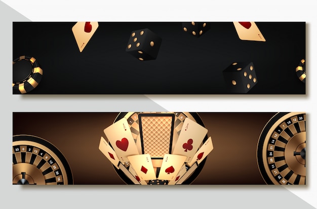 Set of casino banner set with casino chips and cards, poker club texas holdem