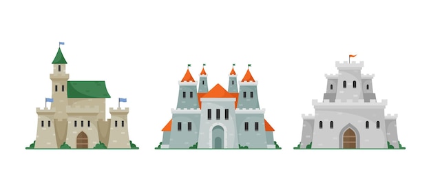 Set of Castles, Fabulous Fortress, Ancient Architecture of Middle Ages Europe, Medieval Palaces with High Towers, Flags and Conical Roofs Isolated on White Background. Cartoon Vector Illustration