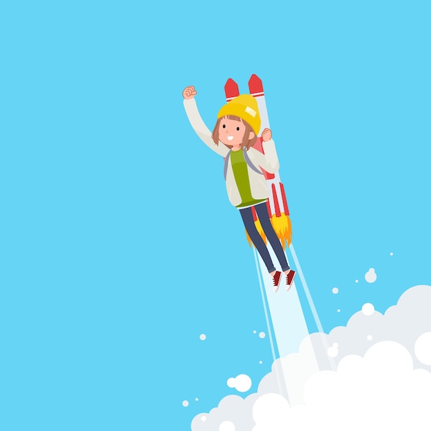 A set of casual fashion women taking off with a rocket jet