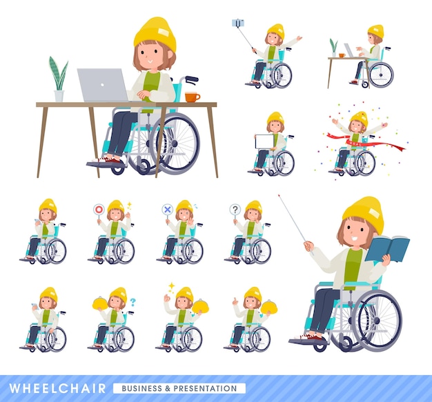 A set of casual fashion women in a wheelchair