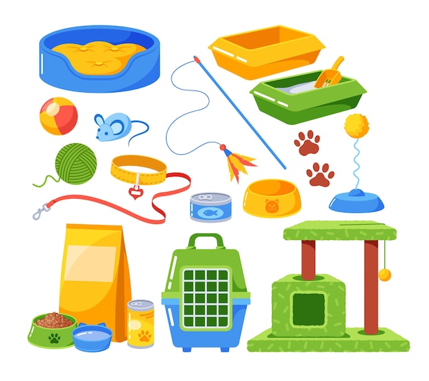 Set of Cat Accessories Couch Food in Bowl and Package Toys Cage and Scratching Post Leash with Collar Paw Prints