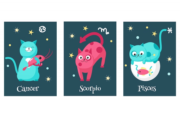 Set of cat astrology zodiac sign cards