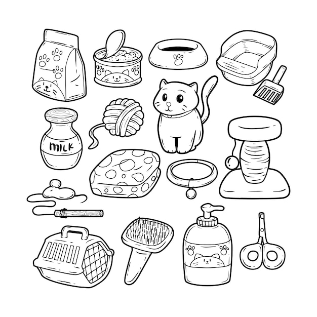 Set of cat care hand drawn outline illustration collection