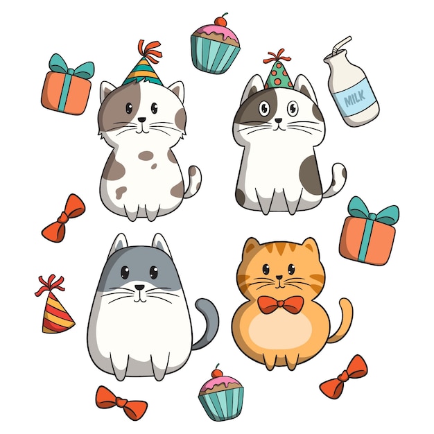 Vector set of cat celebrate a birthday party with doodle style