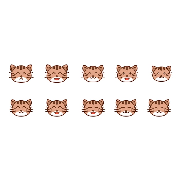 Vector a set of cat faces with different expressions.