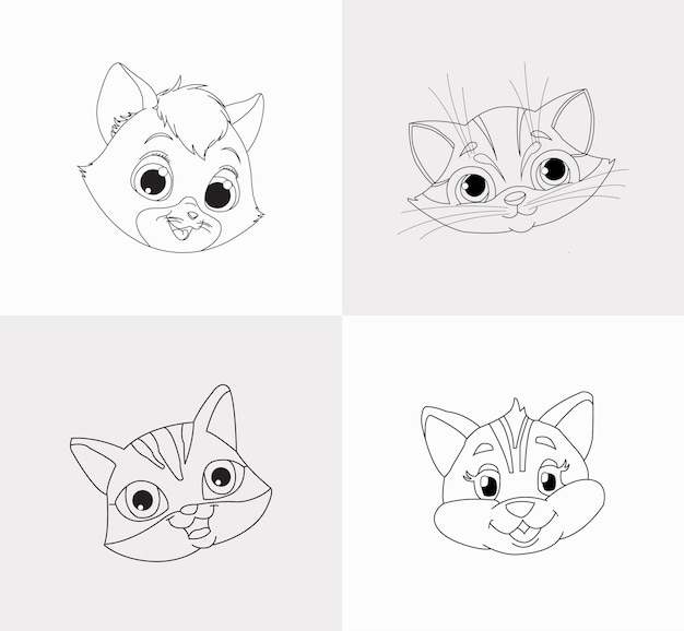 A set of cat head coloring book for kids antistress hand drawn zentangle cat vector illustration