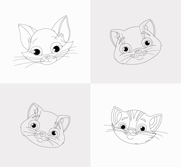 A set of cat head coloring book for kids antistress hand drawn zentangle cat vector illustration