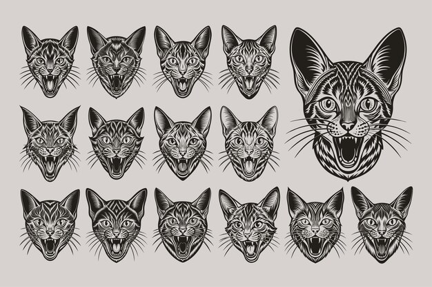 Vector a set of cat head drawings with a cat head