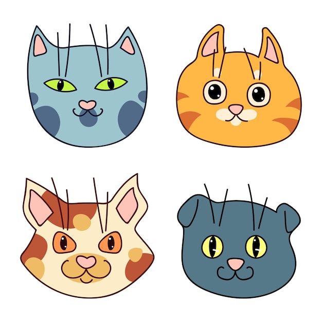 Set of cat heads in cartoon style