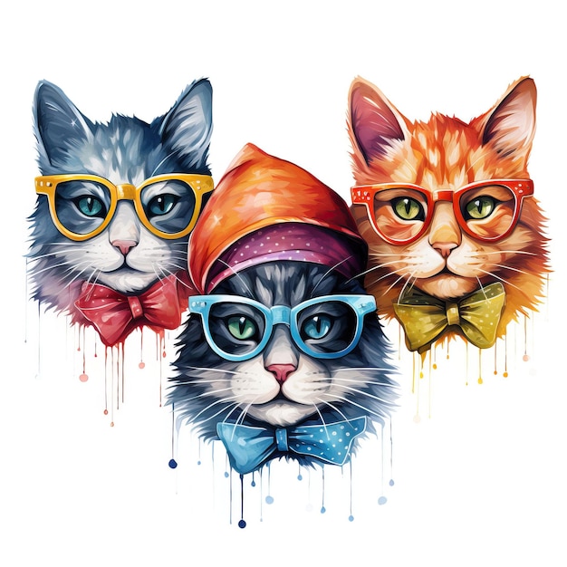 Set of cat party mask vector watercolor white backgrou