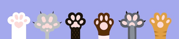 Vector set of cat paws wallpaper legs dog paw cat on purple background kitten flat design prints car