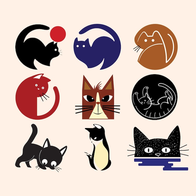 고양이 애완 동물 동물 아이콘 마스코트 캐릭터 로고 벡터 일러스트 디자인 세트
