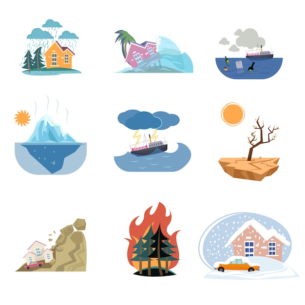 Vector set of catastrophe icons and outdoor natural disasters  on white background