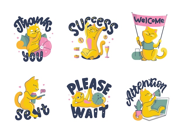 Vector the set of cats. collection of cartoon animals with lettering massages.