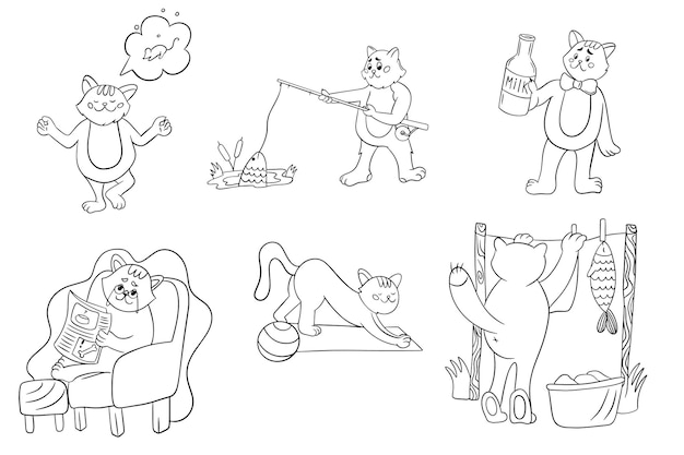 A set of cats for coloring The cat is fishing reading playing sports Cute cat at work