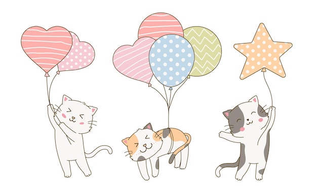 Набор кошек, держащих красочные пастельные воздушные шары, рисующие коллекцию карикатурных иллюстраций