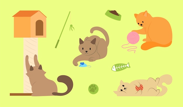 Vector set of cats playing with pet toys