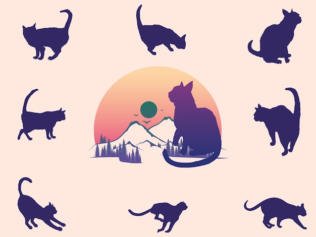 Set of cats Silhouettes Cats collection vector silhouette