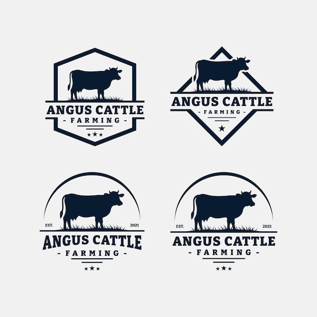 Набор шаблонов логотипа фермы крупного рогатого скота. Винтажный черный вектор значка Ангуса.