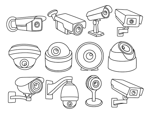 Vector set cctv icon logo beveiligingscamera schetsontwerp vector illustratie.