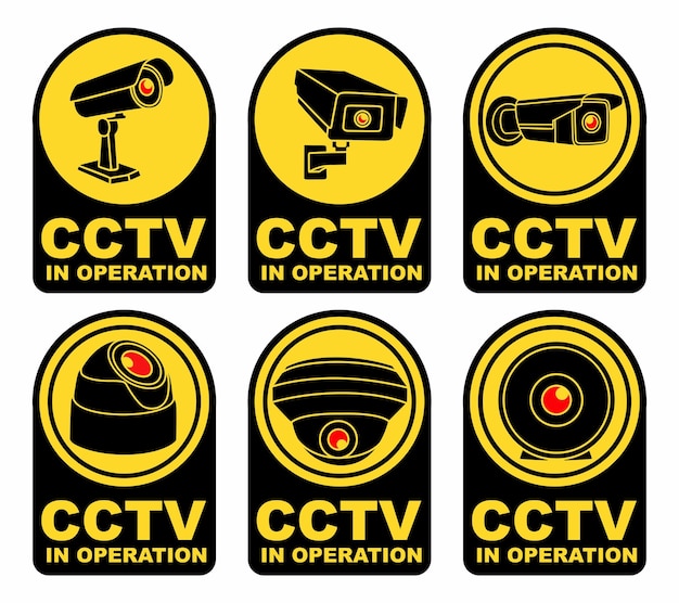 Vector set cctv in operation labels sign security camera sticker design