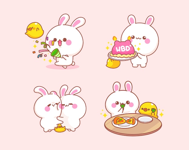 Set of celebrate rabbit with duck  cartoon illustration