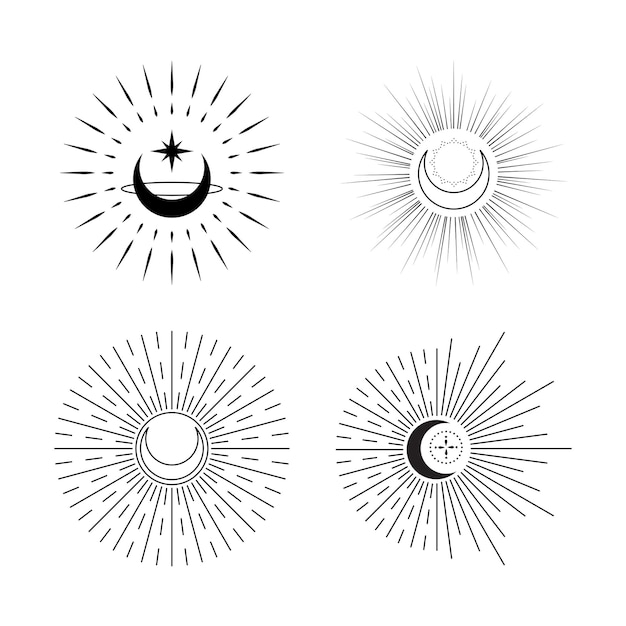 Set of celestial moon with sunburst logo Minimal tattoo flat vector design