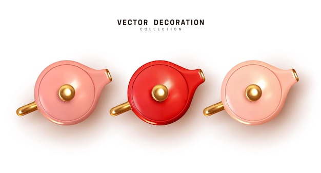 Set of ceramic clay teapots. Realistic 3d Traditional Chinese and Asian Tea Dishes. Vector illustration