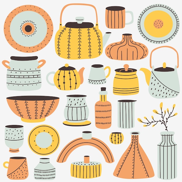 Set Ceramic kitchenware. Modern kitchen utensils plates, vases, mugs, teapots, dishes for decoration. Vector flat style