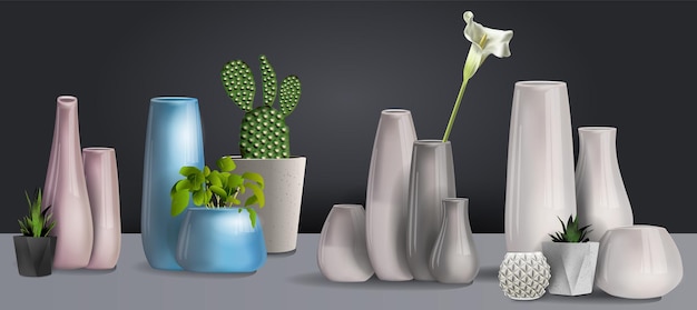Вектор Установите керамическую белую вазу на черном фоне