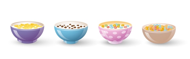 Set of cereals and chocolate breakfast in bowls Cornflakes chocolate ball donut and milk flat design