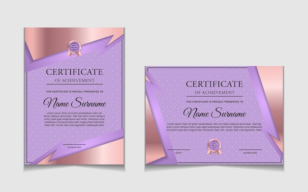 Vector set certificaatsjabloonontwerp met paarse en luxe moderne vormen