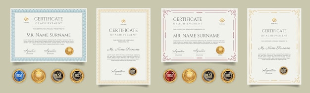 Vector set of certificate of achievement border with badges